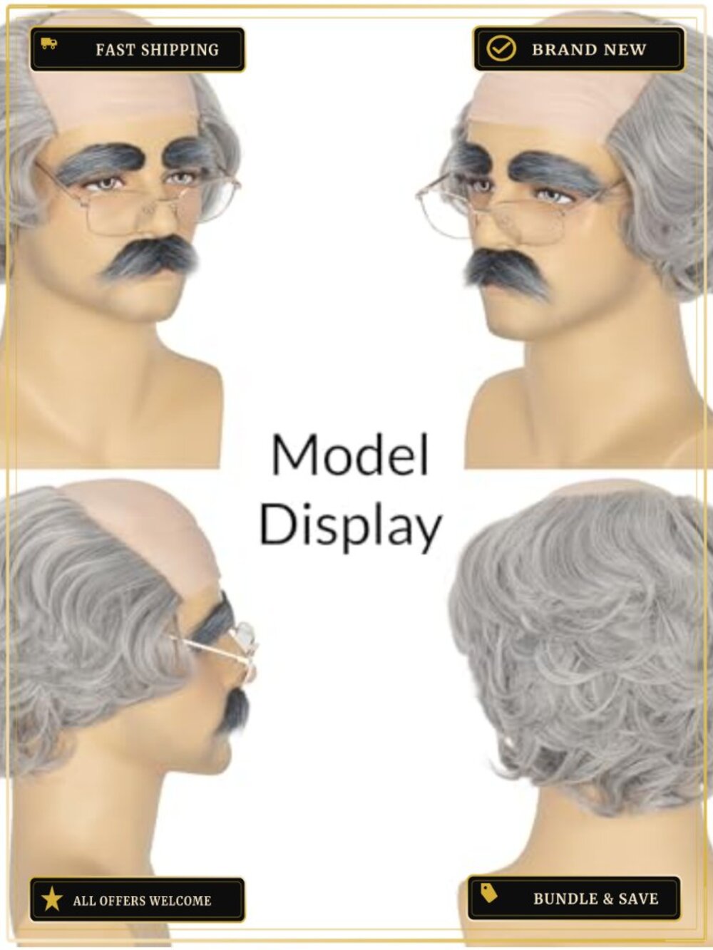 Grey Bald Cap Wig Old Man Costume with Mustache Eyebrows Glasses - Picture 2 of 5